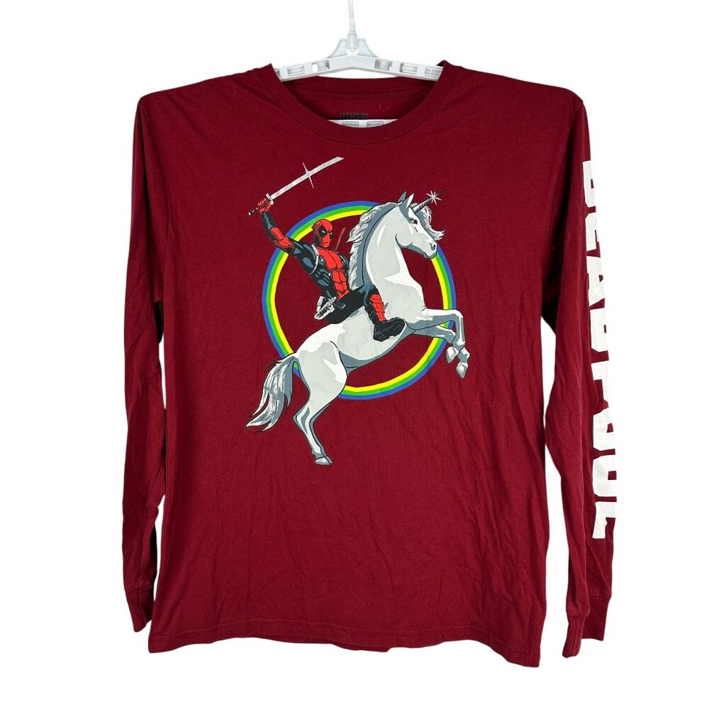 Deadpool Maroon Long Sleeve Shirt Comics Riding Unicorn Graphic Size LG